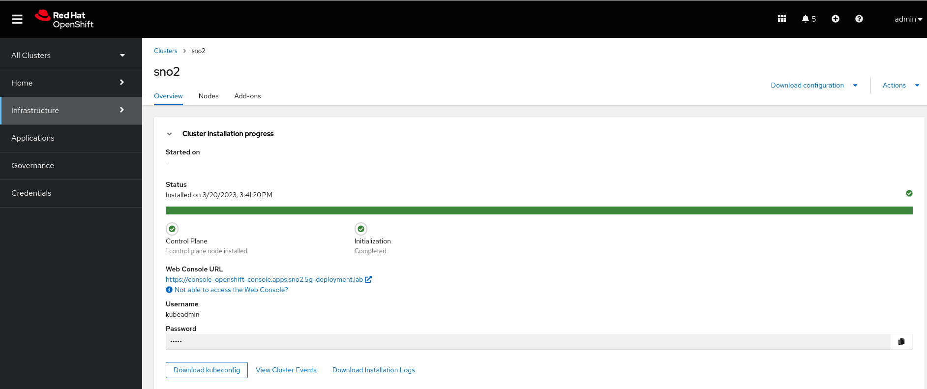 RHACM sno2 Cluster Deployment Finished