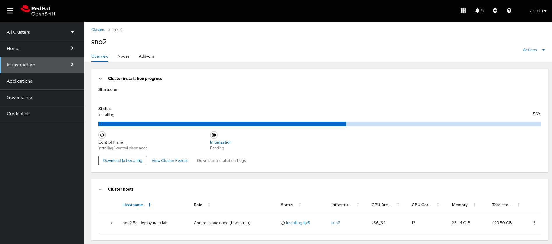 RHACM sno2 Cluster View