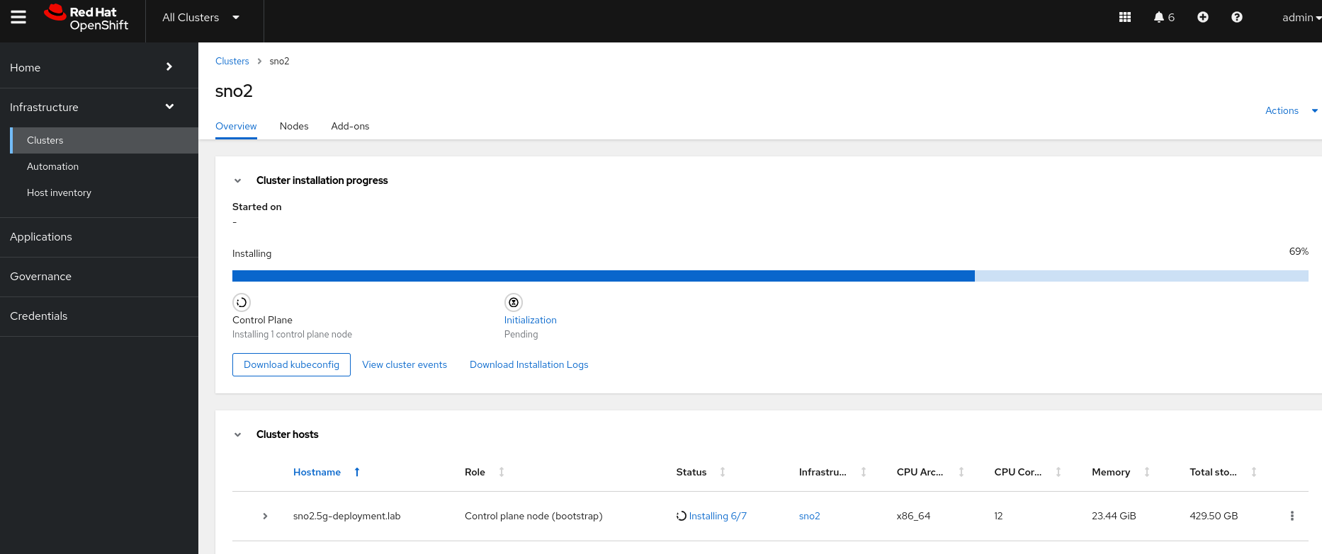 RHACM sno2 Cluster View