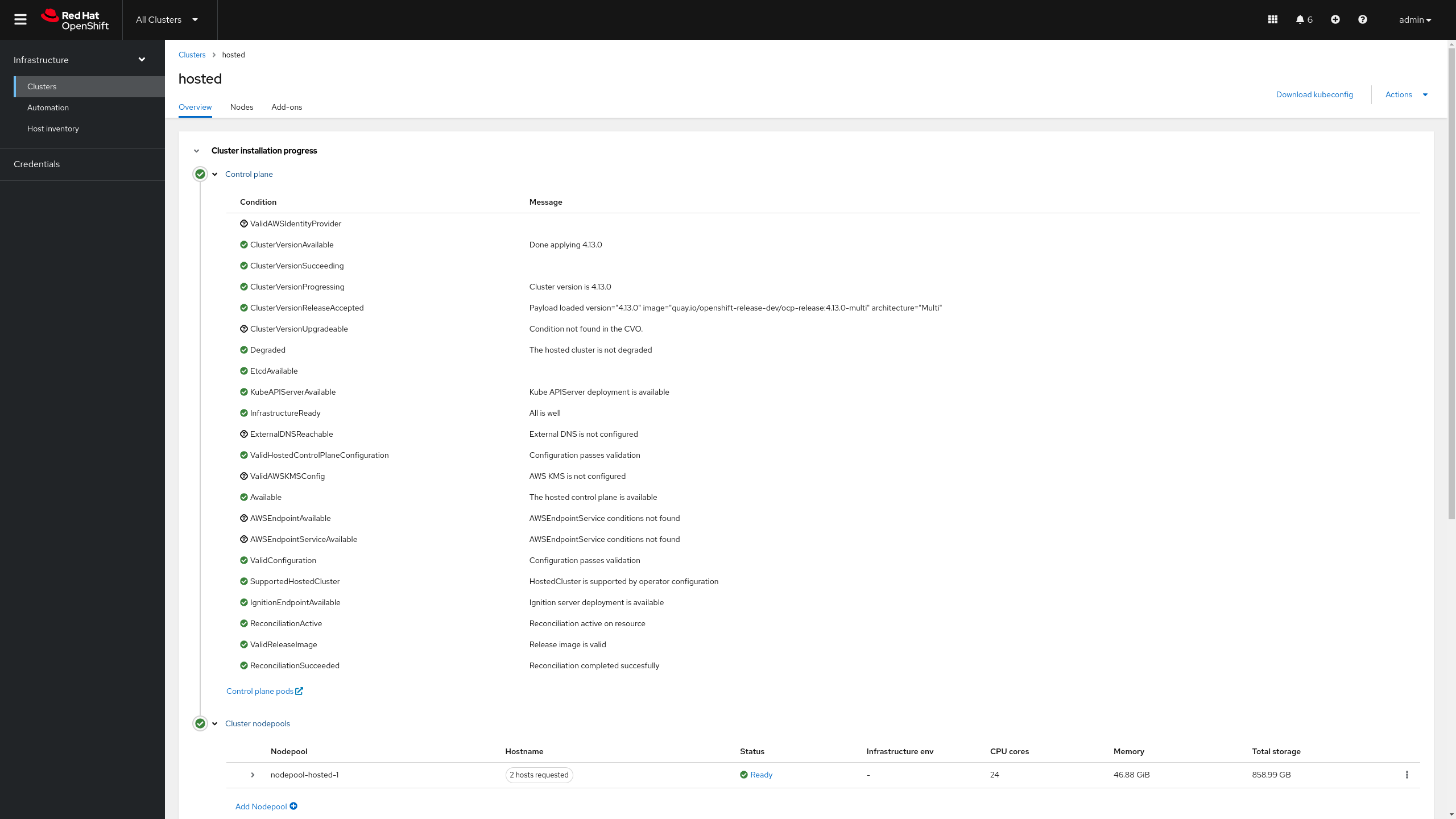 Hosted Cluster Completed Web Console