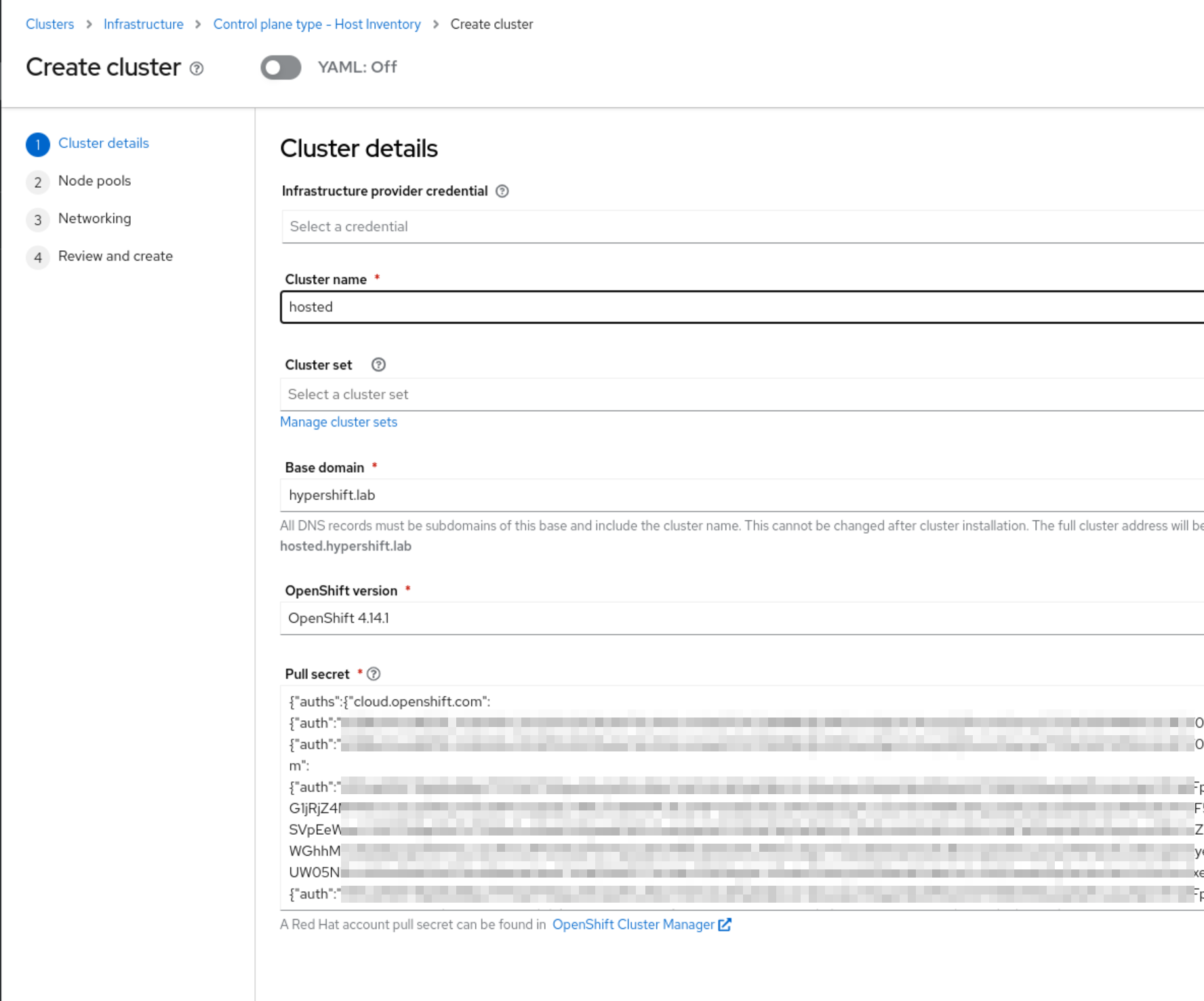 Hosted Cluster Wizard Screen 1