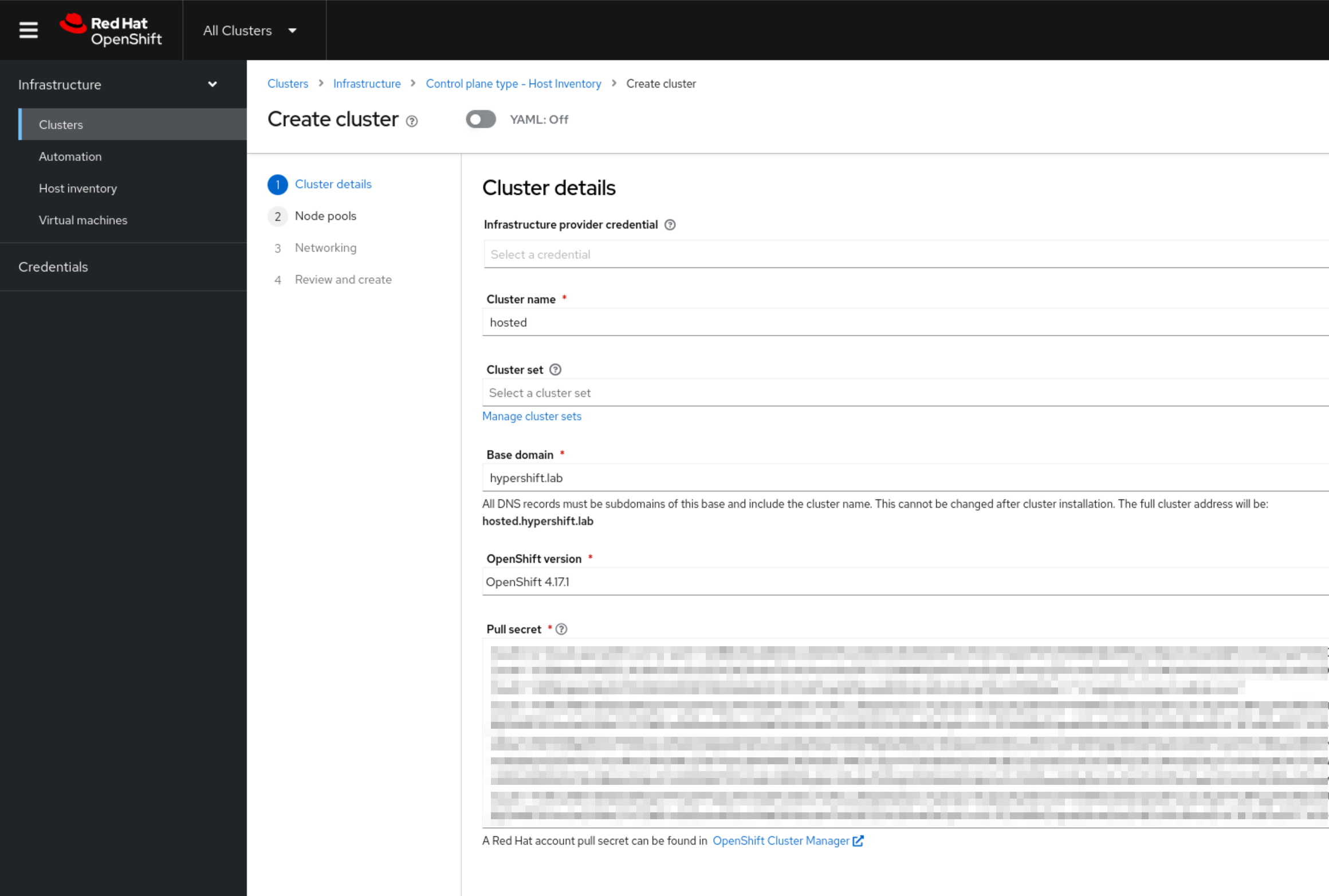 Hosted Cluster Wizard Screen 1